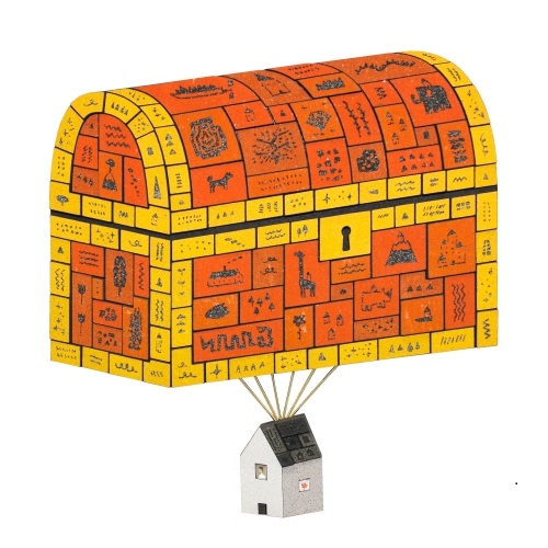 「とぶ家（宝箱）」　2025
21×20cm
アクリル、砂