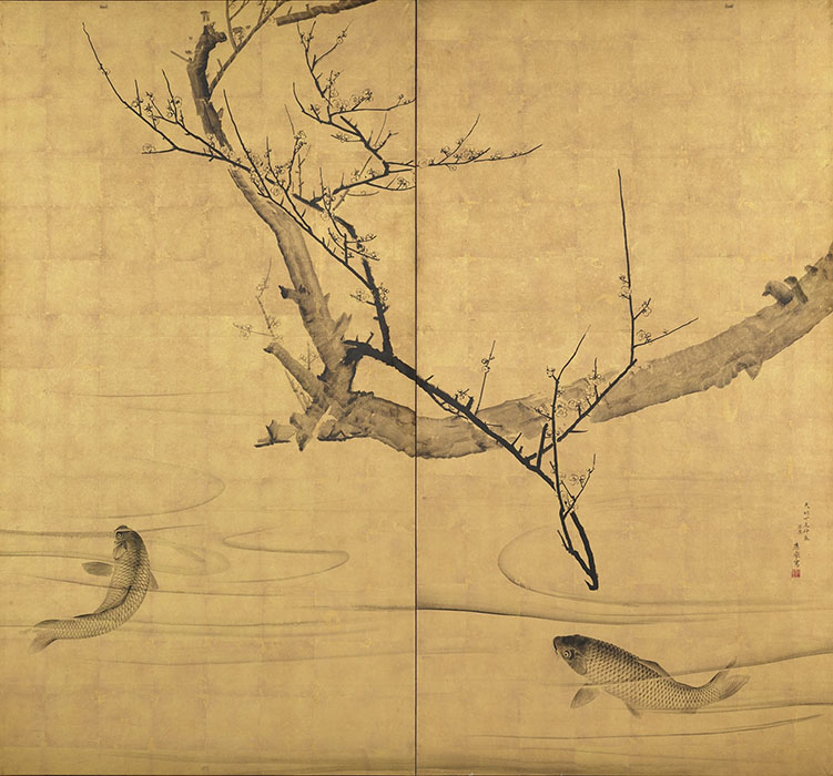 「梅鯉図屏風」 円山応挙筆 天明7年(1787) 個人蔵