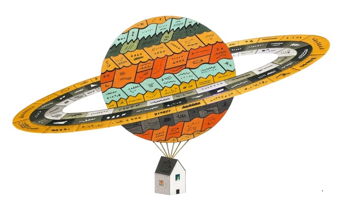 「とぶ家（輪のある惑星）」　2025
21×37cm
アクリル、砂