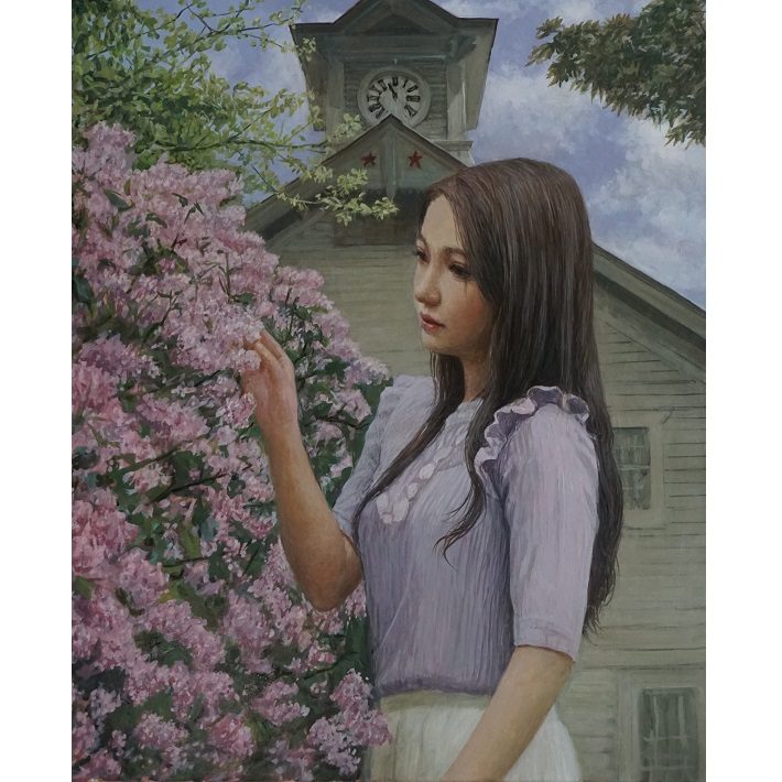 西田陽二【ライラックと時計台】油彩、F8号