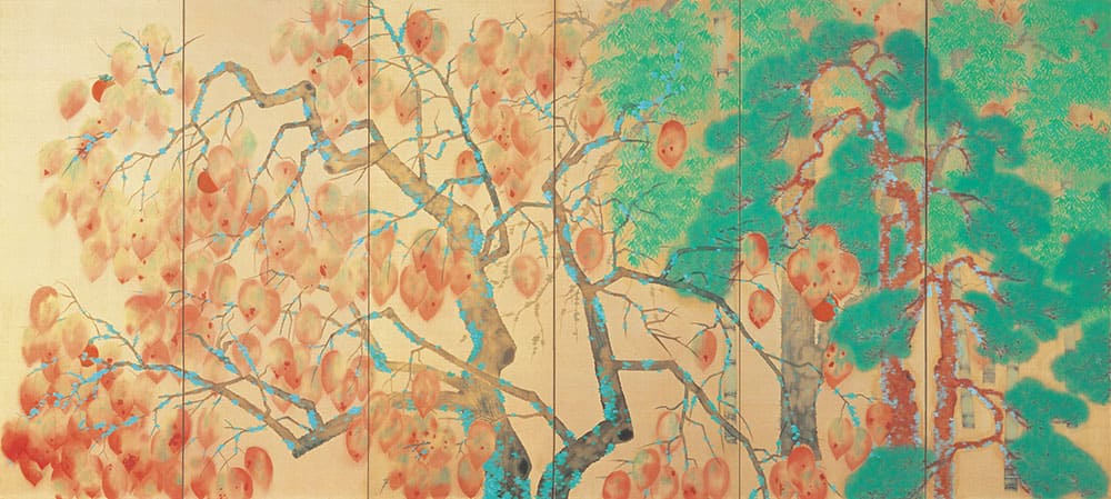横山大観「柿紅葉」（左隻） 大正9年（1920）　永青文庫蔵（熊本県立美術館寄託）※前期展示