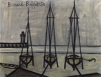 《三隻の舟》1950年 油彩／キャンバスに紙，静岡新聞社蔵