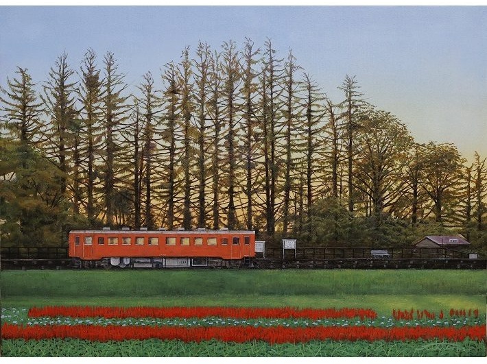 塚原貴之【夕景のカラマツ林と幸福駅】油彩、P8号