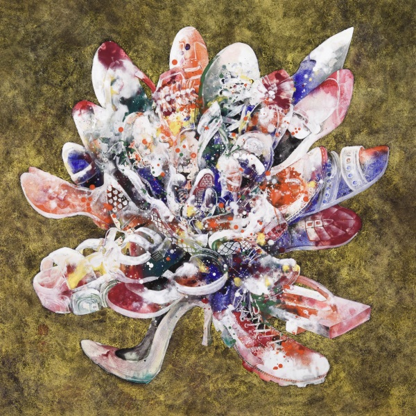 「百花連歩図」　アクリル 岩絵具