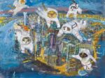 【びっくりだ！猫の宇宙飛行士がマンハッタンの上空を泳いでいる】ジクレー、画寸：58×70cm ©NY ARTISTS GUILD 2024
