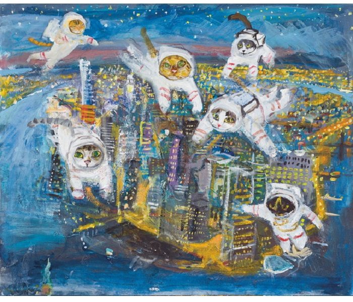 【びっくりだ！猫の宇宙飛行士がマンハッタンの上空を泳いでいる】ジクレー、画寸：58×70cm ©NY ARTISTS GUILD 2024