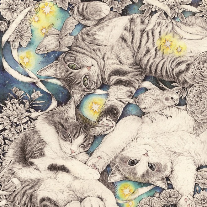 ©maoo
タイトル：『星月夜に見た夢』（原画サイズ43×43cm）
素材　　：ペン、水彩、顔彩
技法　　：シリウス紙に描画