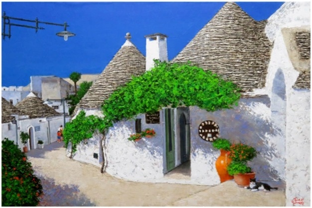 「昼下がりの坂道(アルベロベッロ)」 (縦60.6×横90.9cm)