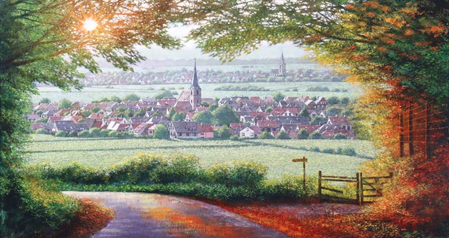 「ラインラントの小路・ドイツ」油彩、80×40cm