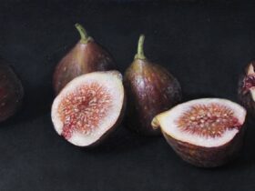 大路 誠「イチジク」変形M4号（15×33.３cm）、シナ合板、石膏下地、油彩、テンペラ