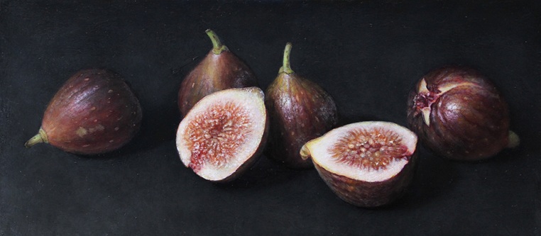 大路 誠「イチジク」変形M4号(15×33.3cm)、シナ合板、石膏下地、油彩、テンペラ