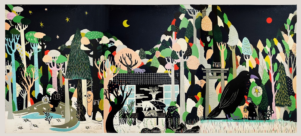 「山の形」木版画、150×75cm