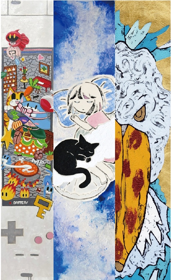 ※左から 細川高文「会う」 新井あかね「ゆめみるⅢ」 北嶋勇佑「はしびろこう」 各36×7.2㎝