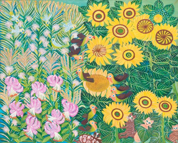 塔本シスコ《ひまわりの中で インコ》 1987年 岐阜県美術館蔵
