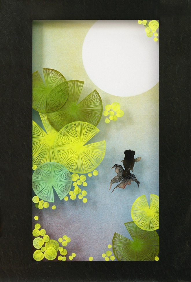 タイトル ：「夜半の月」
素材/技法：紙、切り絵
サイズ　 ：50×30cm