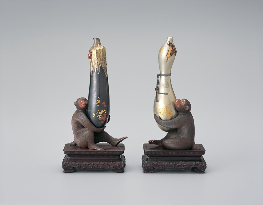 瓢茄子猿猴置物 正阿弥勝義作 明治時代