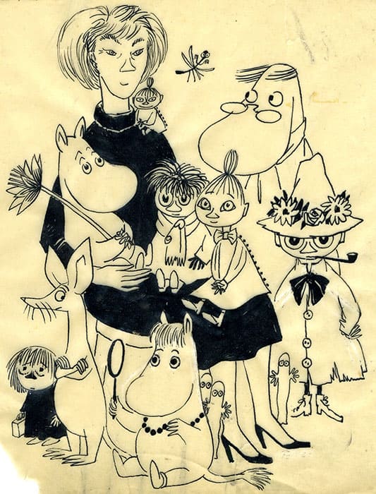トーベ・ヤンソン「ムーミンたちとの自画像」1952年 インク、紙
ムーミンキャラクターズコレクション
© Moomin Characters™