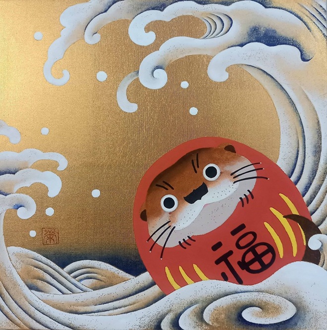 タイトル：「波乗りうそだるま」
技法　　：鳥の子紙、絹、洋金箔、油煙墨、松煙墨、胡粉、顔料ベース、朱(絹本着彩)
サイズ　：SSM　22.7×22.7cm