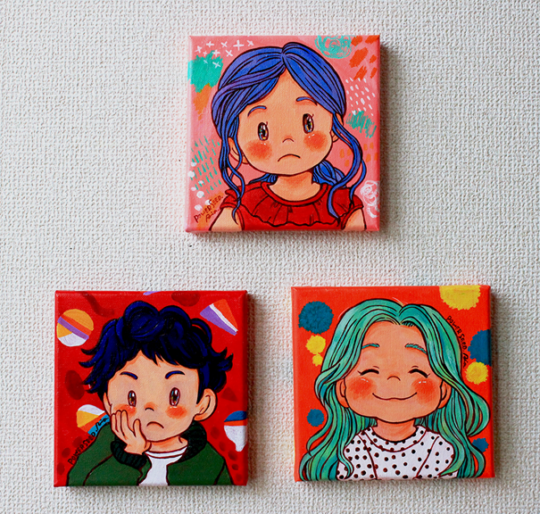 タイトル：かんじょうキッズ
技法　　：キャンバス・アクリル絵具
サイズ　：15×15cm