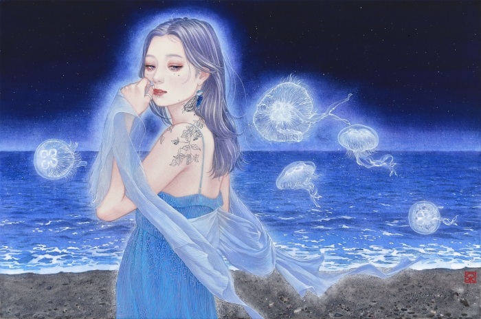 山下千里「いつか柔らかい夢を見て」
P6号
白麻紙に岩絵具、和紙、貝