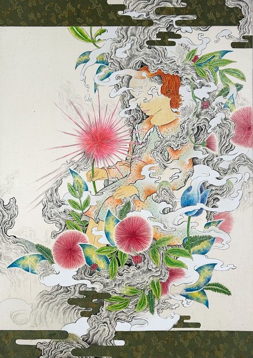 堀としかず

「カリアンドラ－リトルな愛情－」　

和紙、墨、顔彩、岩絵具、アクリル絵具、雲母、裂地

51.5 × 36.4 cm　