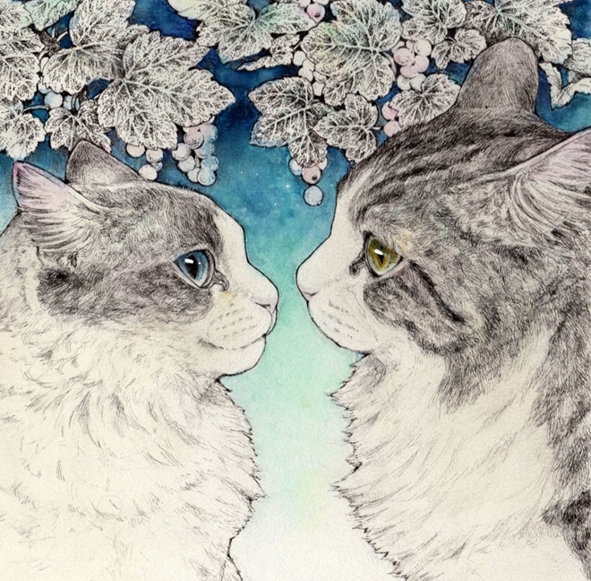 ©maoo
タイトル：『あの日の約束』（原画サイズ16.5×16.5cm）
素材　　：ペン、水彩、顔彩
技法　　：シリウス紙に描画