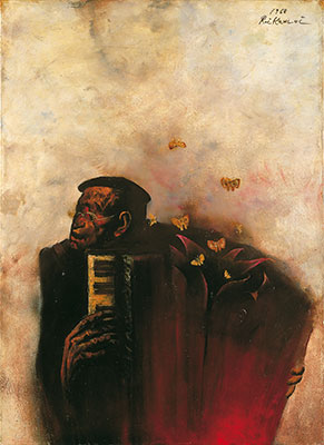 鴨居玲《蛾と老人》1968年 石川県立美術館