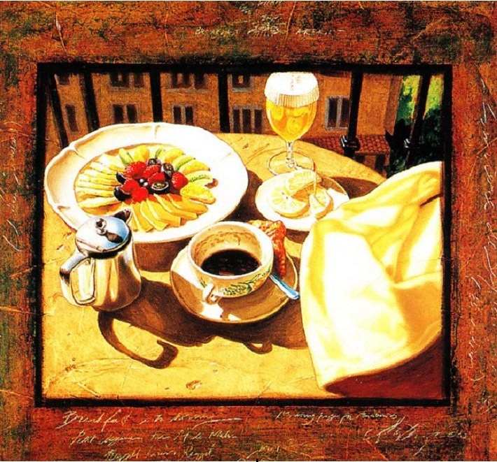 【バルコニーでの朝食】ジグレー・キャンバス、51×51cm