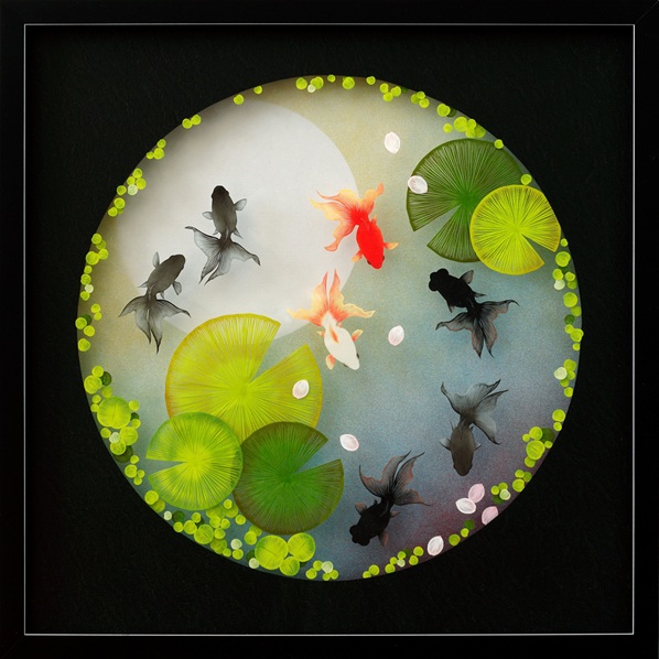 タイトル ：「朧月夜」
素材/技法：紙、切り絵
サイズ　 ：50×50cm