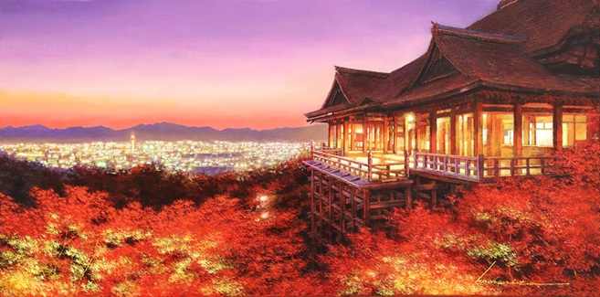 「清水寺紅葉夜景・京都」</span><br />油彩、60×30cm