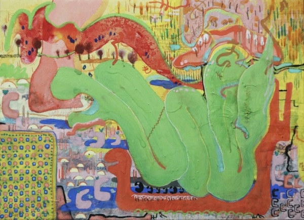 貞益未菜　「NIWA:もぐもぐ」
岩絵具、水干絵具、和紙、パステル、色鉛筆
F4号