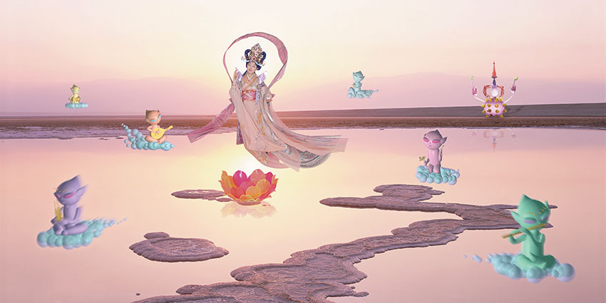 森万里子《エソテリック・コスモス：ピュア・ランド》1996-1998年 写真、ガラス、ステンレス 304.8×609.6×2.2 cm