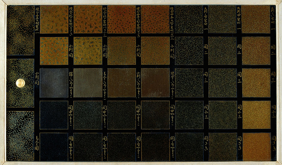 重要文化財 百工比照 第一号箱第九架「蒔絵梨子地塗色類」第五面　江戸時代・17～18世紀　前田育徳会蔵