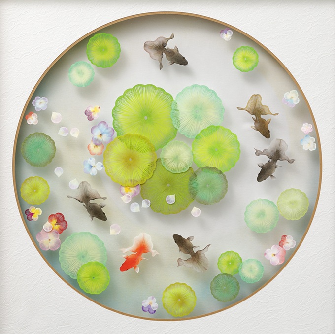 タイトル ：「花手水」 素材/技法：紙、切り絵 サイズ　 ：50×50cm