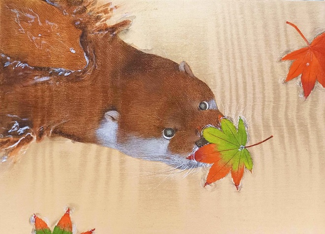 タイトル：「ゆ～えすお～」
技法　　：鳥の子紙、絹、洋金箔、油煙墨、松煙墨、胡粉、顔料ベース、岩絵具、パール(絹本着彩)
サイズ　：F4号（24.2×33.3cm）