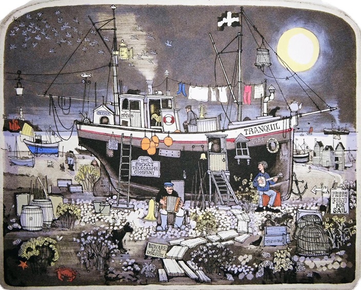 タイトル:「舟歌」
技法 :手彩色銅版画
サイズ :縦21.0×横26.0cm(画寸)