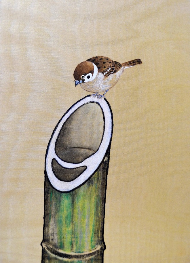 タイトル：「今は昔」
技法　　：鳥の子紙、絹、洋金箔、油煙墨、松煙墨、胡粉、顔料ベース、岩絵具、パール(絹本着彩)
サイズ　： F4号（33.3×24.2cm）