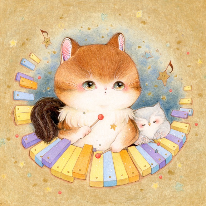 ©衣川まや
タイトル：「奏でるたびに」
技法　　：オイルパステル、ソフトパステル、色鉛筆、アクリルガッシュ、顔料ペン、GAバガス紙に描画
サイズ　：縦25.0×横25.0cm