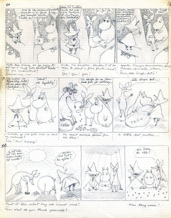 トーベ・ヤンソン 新聞連載マンガ「ひとりぼっちのムーミン」スケッチ 1954-55年頃 鉛筆、紙
ムーミンキャラクターズコレクション
© Moomin Characters™