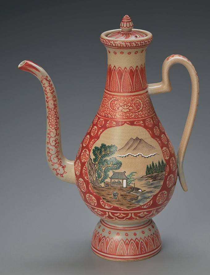 「萬古赤繪福寿山水文盛盞瓶」幅19.0×奥行11.2×高さ26.3cm