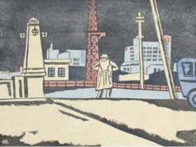 前川千帆《新宿の夜》昭和20（1945）年、木版多色刷