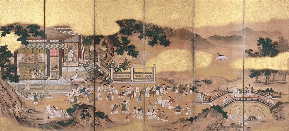 郭子儀兒孫遊歓嬉図屏風（左隻）　六曲一双　紙本金地著色　江戸時代　相国寺蔵（I期）