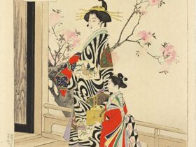 水野年方「三十六佳撰　くつわや　明和頃婦人」、明治26年(1893)、町田市立国際版画美術館蔵（後期展示）