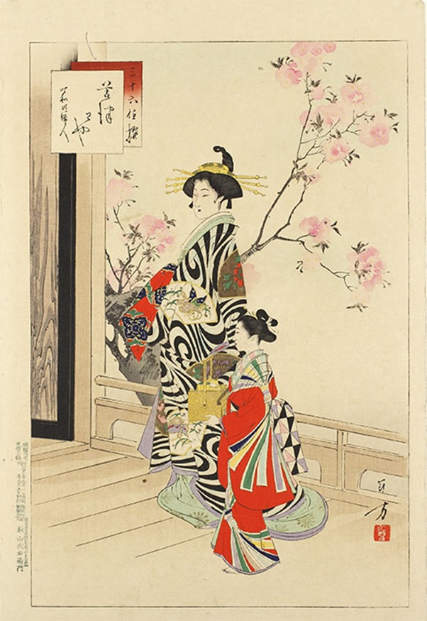 水野年方「三十六佳撰 くつわや 明和頃婦人」、明治26年(1893)、町田市立国際版画美術館蔵(後期展示)