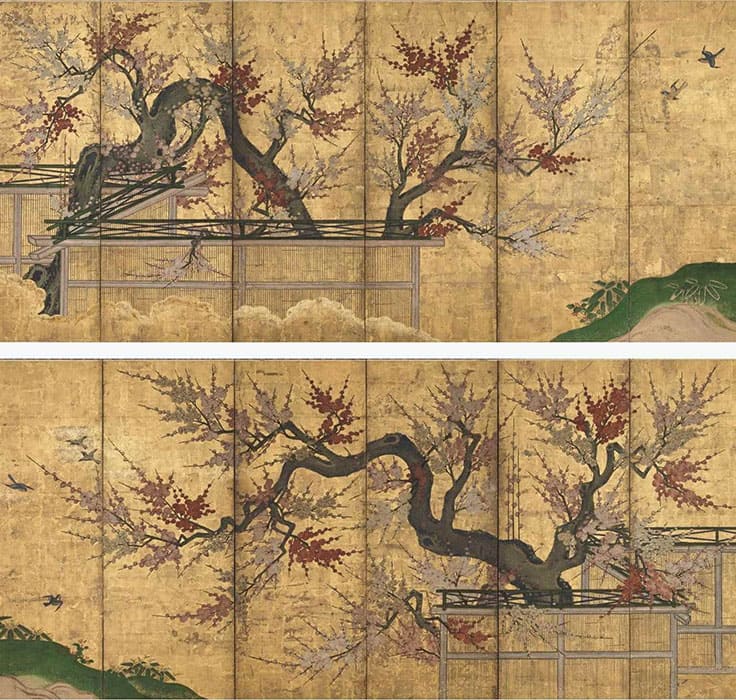 「紅白梅図屏風」(部分)　江戸時代初期　17世紀前半　岡田美術館蔵