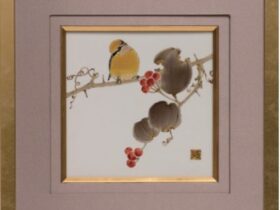 山帰来に鵙図（秋）　陶額 陶板サイズ 縦20×横20㎝