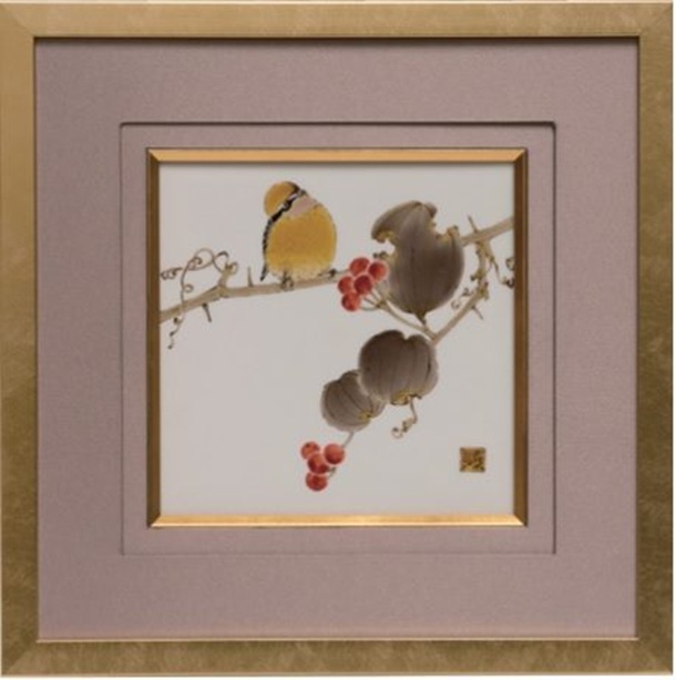 山帰来に鵙図（秋）　陶額 陶板サイズ 縦20×横20㎝