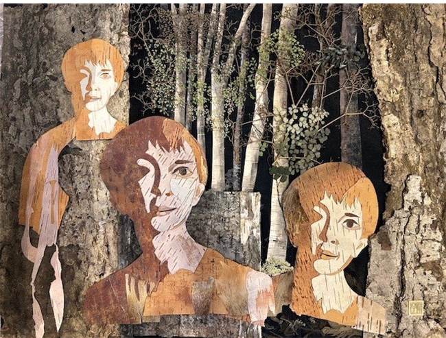 自然共生《 年輪 》 横478mm × 縦660mm ＊科学者研究の色を保持した方法による押し花、樹皮等使用。 仕上げガラスで密封。