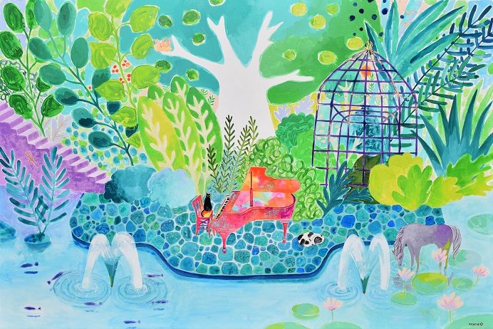 「水の風景ーピアノと動物ー」 60.6×91cm パネル、紙、アクリル絵具
