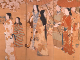 今村紫紅《護花鈴》（六曲屏風一双〔図は部分〕、明治44 年〔1911〕、170.2×364.4 ㎝〔各隻〕、霊友会妙一コレクション所蔵）※会期中展示替えあり